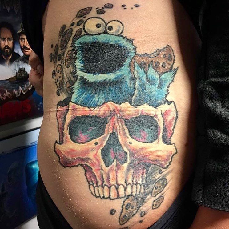 Cookie Monster and Skull Tattoo by Chris Labrenz at Black Gold Tattoo Co in Edmonton Alberta Canada
