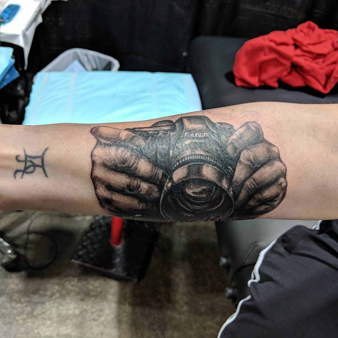 Camera Tattoo by Kevin Sherritt at Black Gold Tattoo Co in Edmonton Alberta Canada