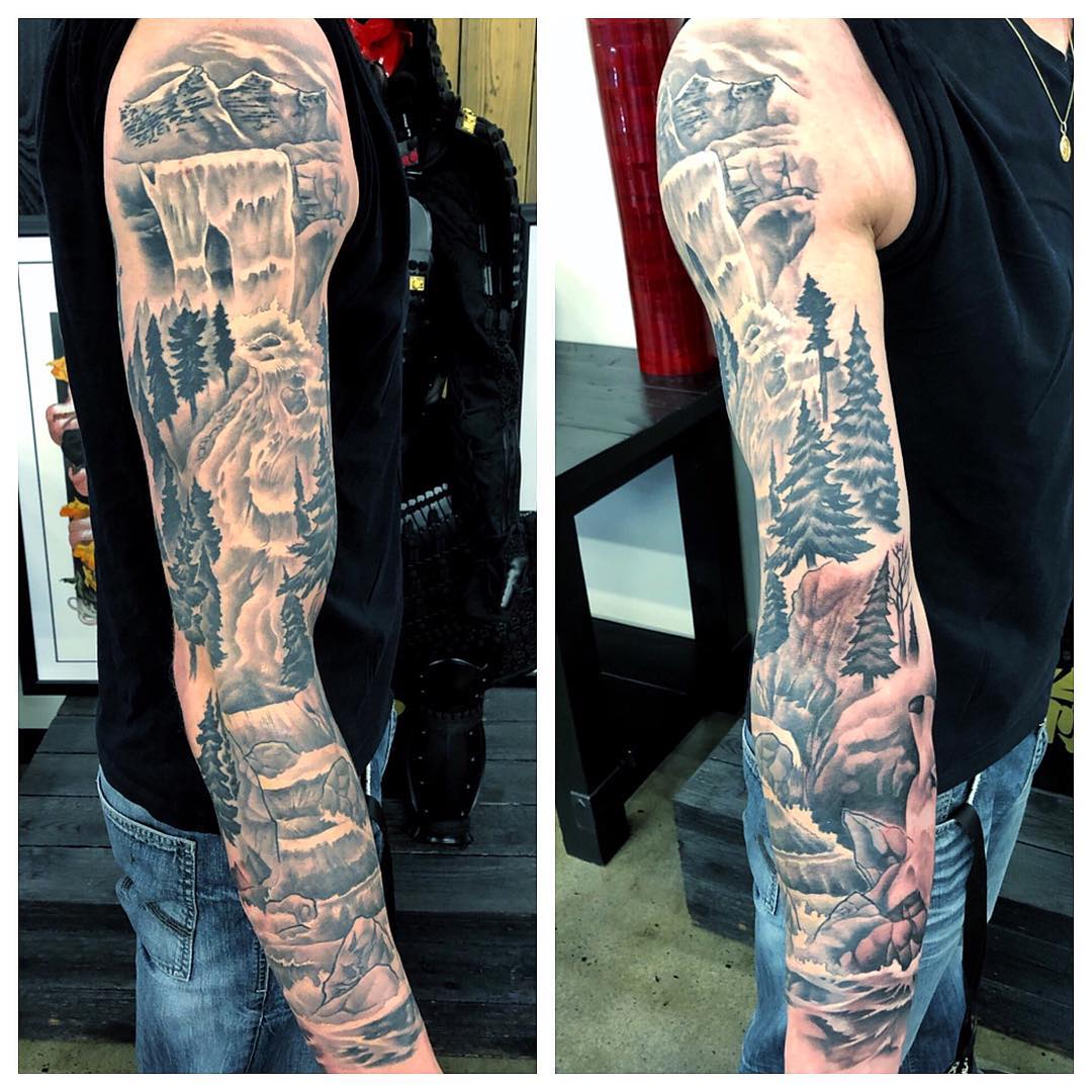 Waterfall Nature Sleeve Tattoo by Chad Lavers at Crimson Empire Tattoo in Edmonton Alberta Canada
