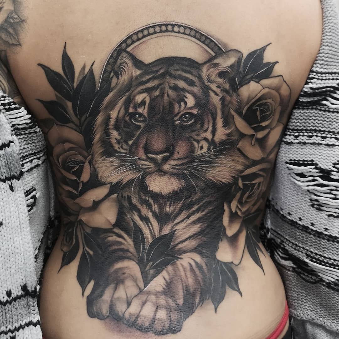Tiger and Roses Tattoo by Sasha Day at Black Gold Tattoo Co in Edmonton Alberta Canada