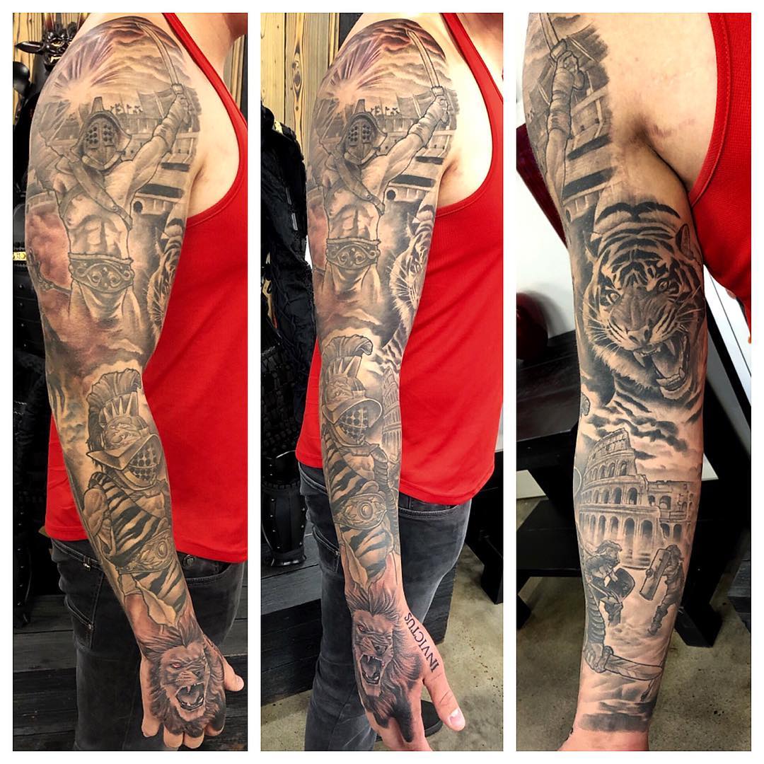 Gladiator Sleeve Tattoo by Chad Lavers at Crimson Empire Tattoo in Edmonton Alberta Canada