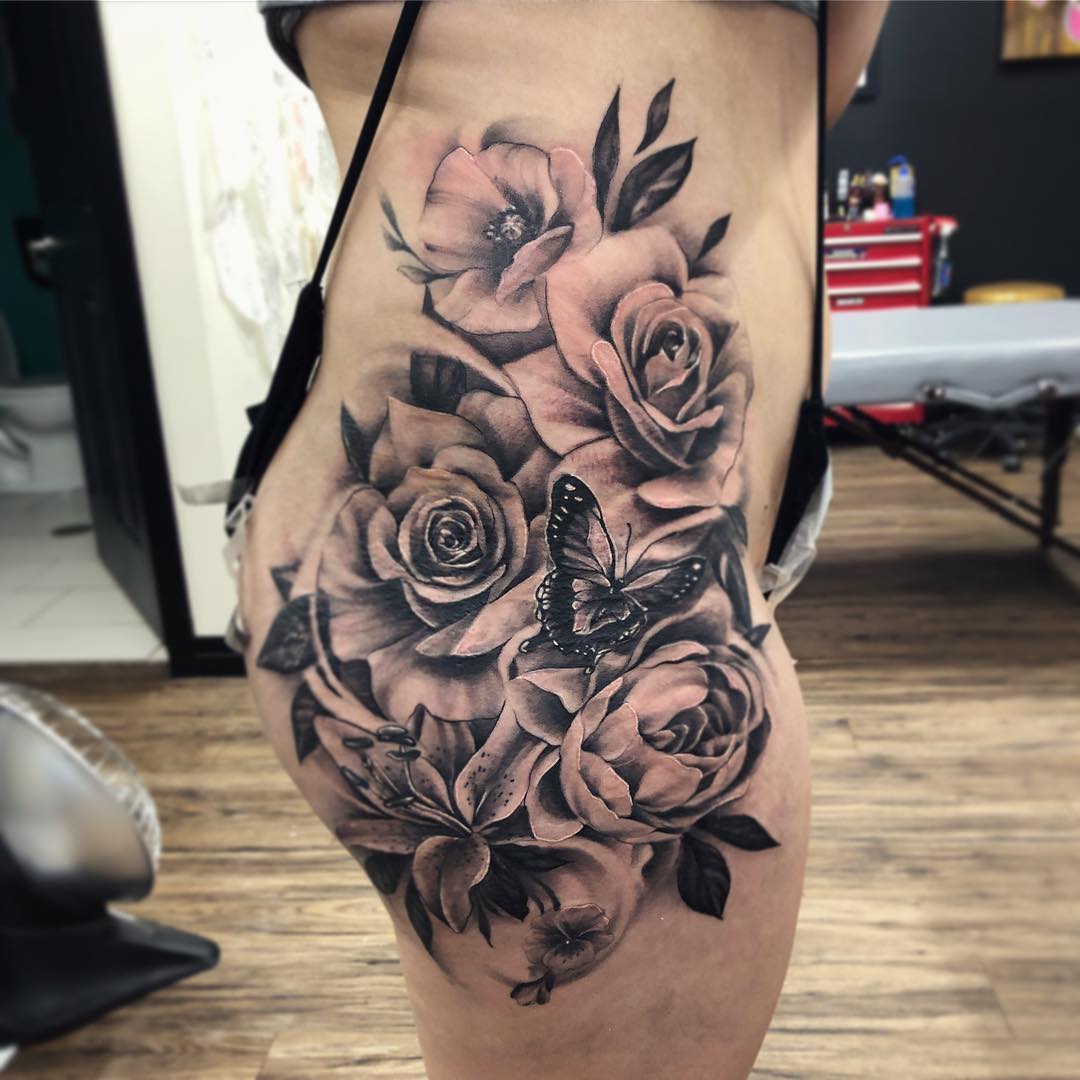Roses and Butterfly Tattoo by Sarah Michelle at Black Gold Tattoo Co in Edmonton Alberta Canada