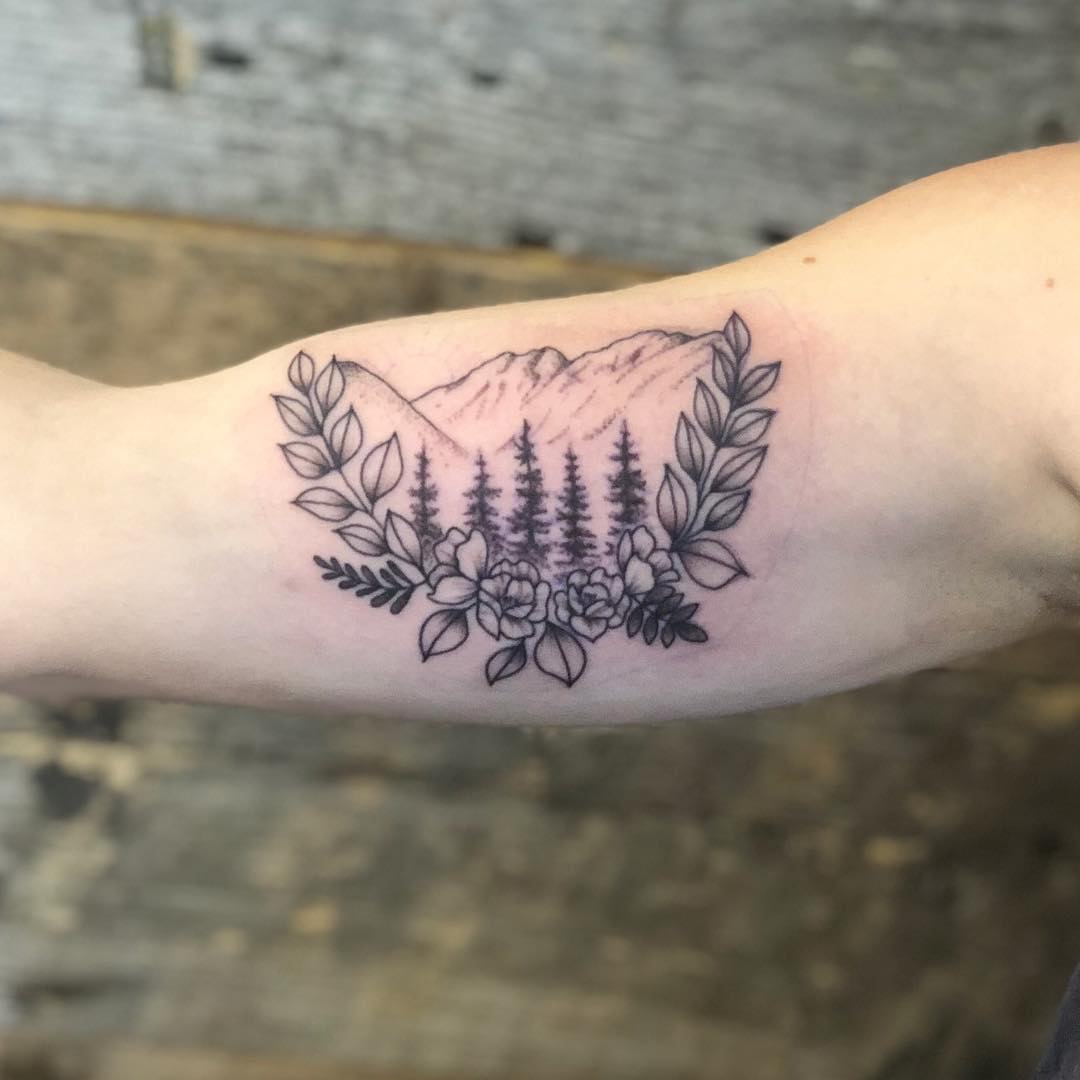 Mountain Scenery Tattoo by Vanessa Spezowka at Crimson Empire Tattoo in Edmonton Alberta Canada