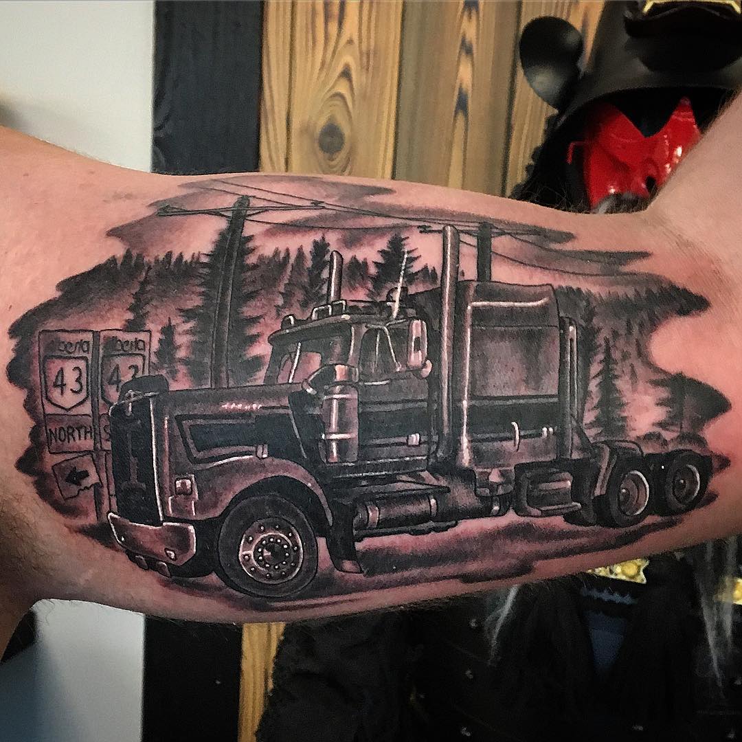 Semi Truck Tattoo by Dale Moostoos at Crimson Empire Tattoo in Edmonton Alberta Canada