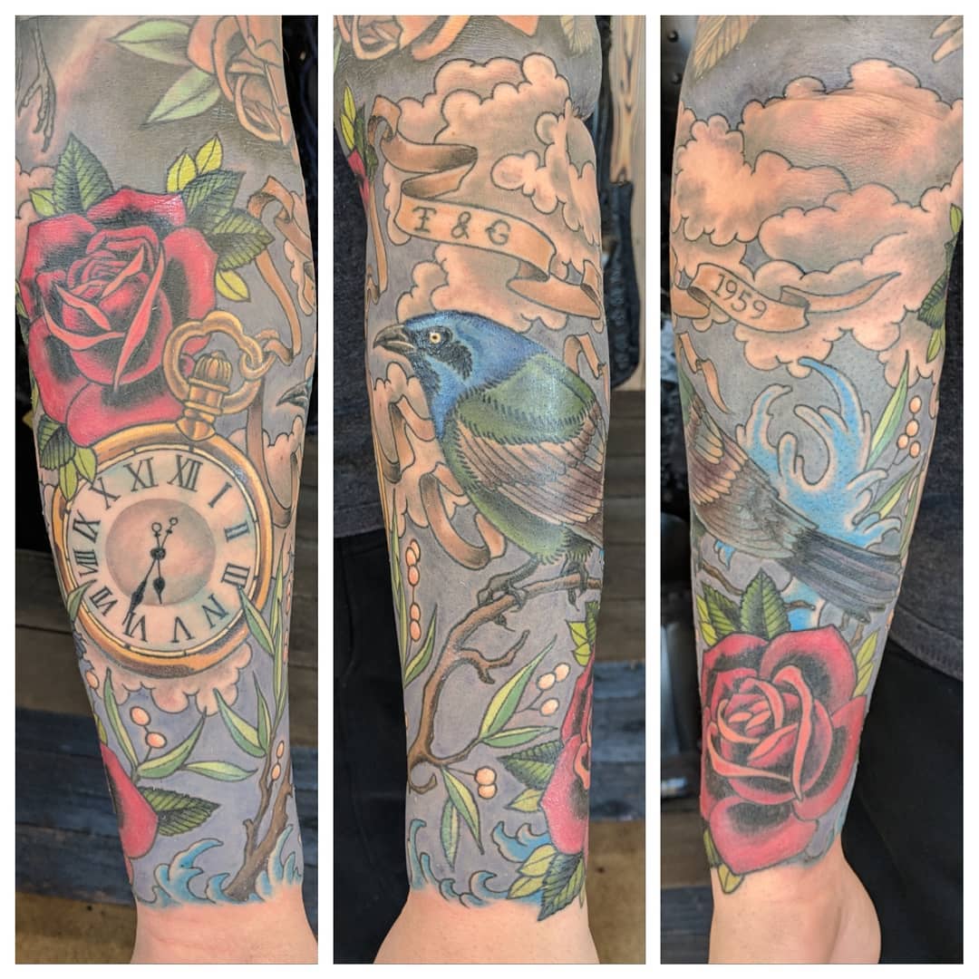 Bird, Rose and Pocket Watch Sleeve by Sheila Anderson at Crimson Empire Tattoo in Edmonton Alberta Canada