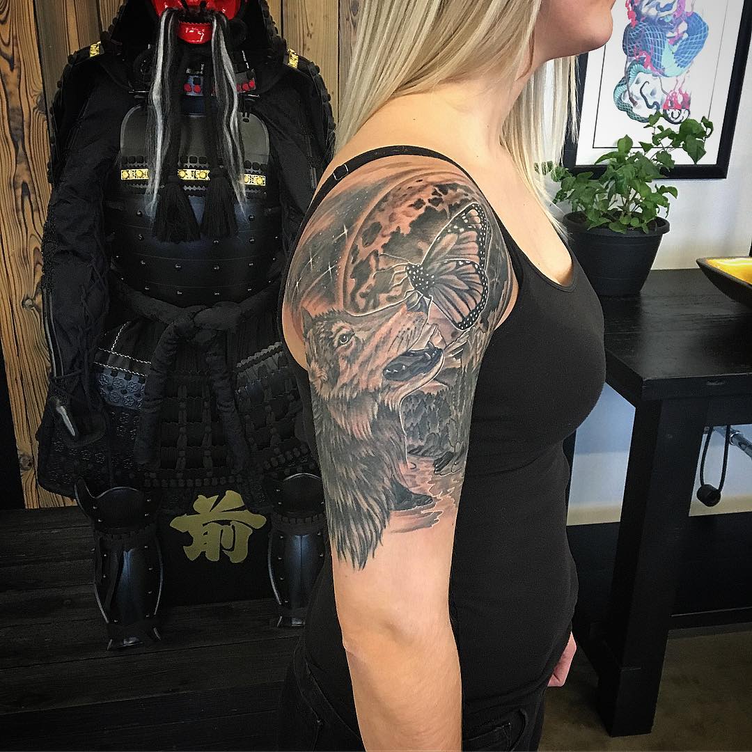 Wolf and Butterfly Tattoo by Dale Moostoos at Crimson Empire Tattoo in Edmonton Alberta Canada
