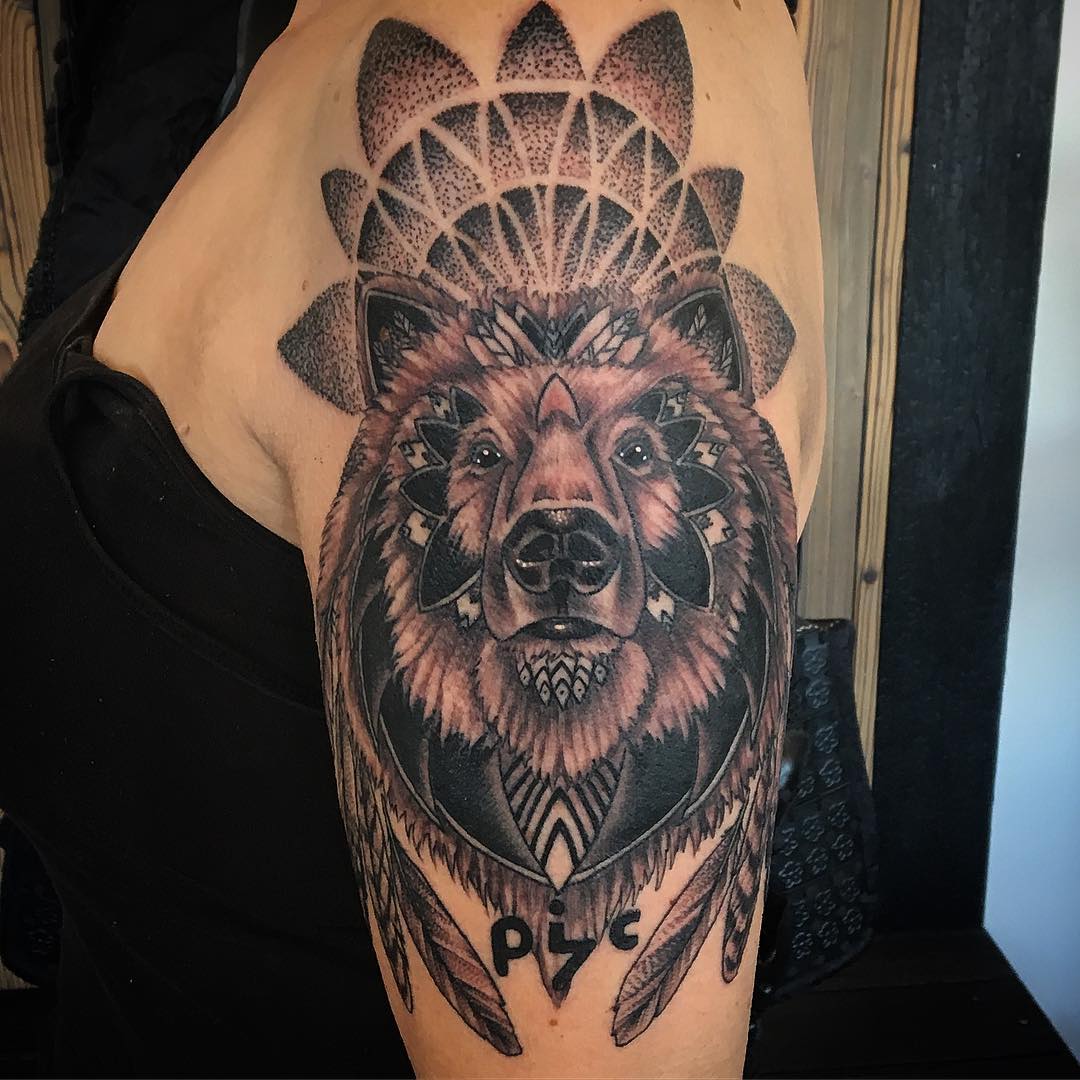 Bear and Geometric Tattoo by Dale Moostoos at Crimson Empire Tattoo in Edmonton Alberta Canada