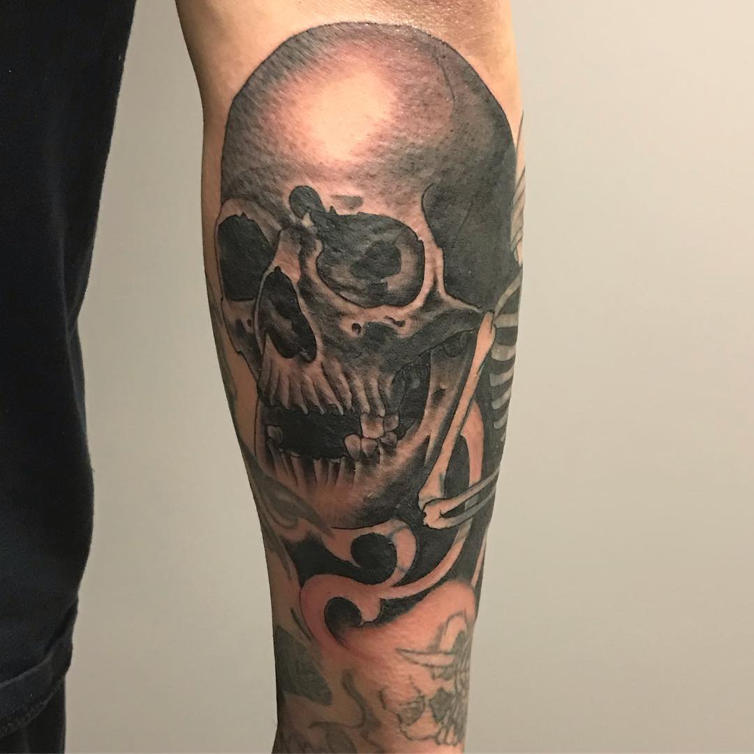 Skull Tattoo by Trevor Pelletier at Black Gold Tattoo Co in Edmonton Alberta Canada