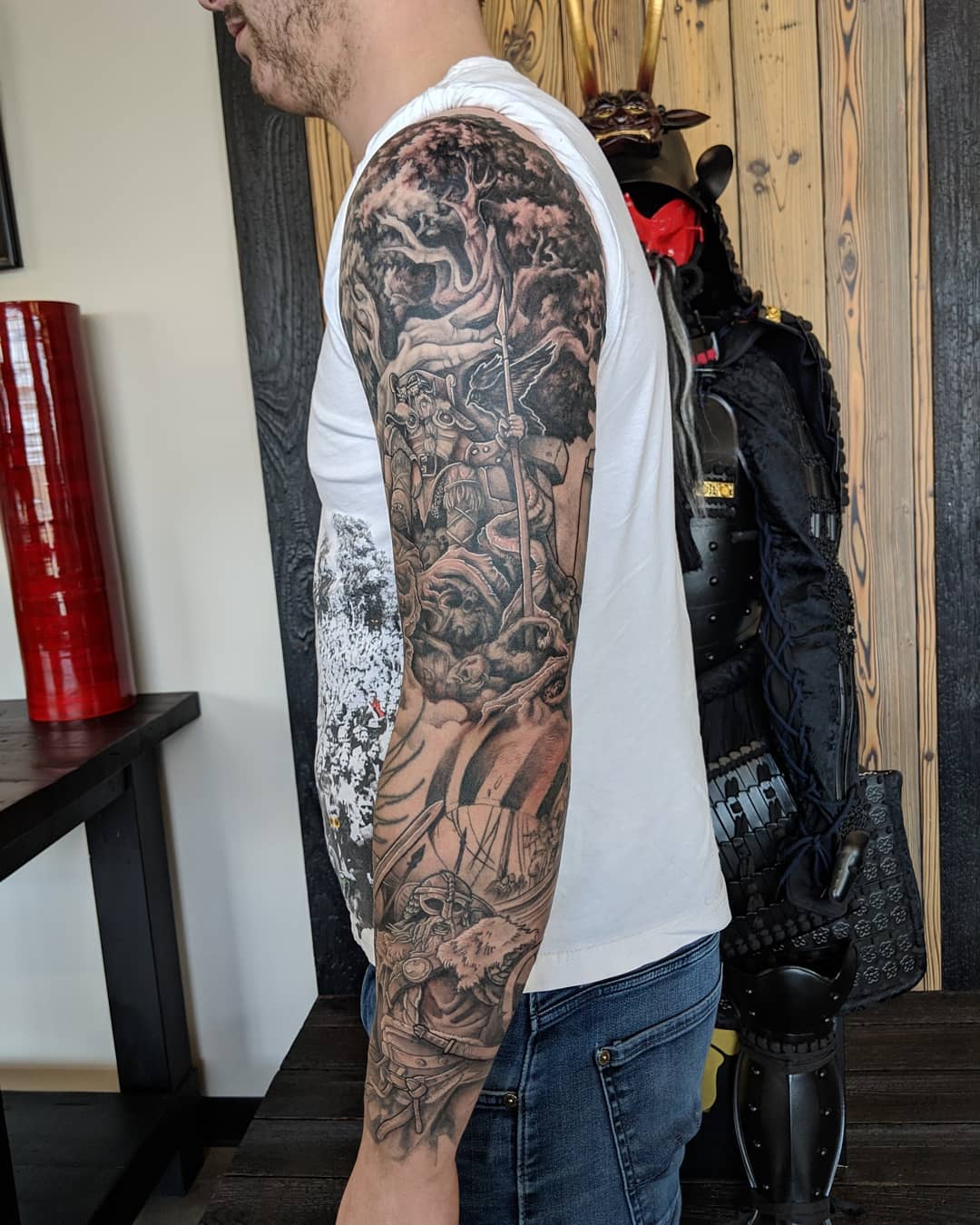 Viking Battle Sleeve by Kevin Sherritt at Black Gold Tattoo Co in Edmonton Alberta Canada