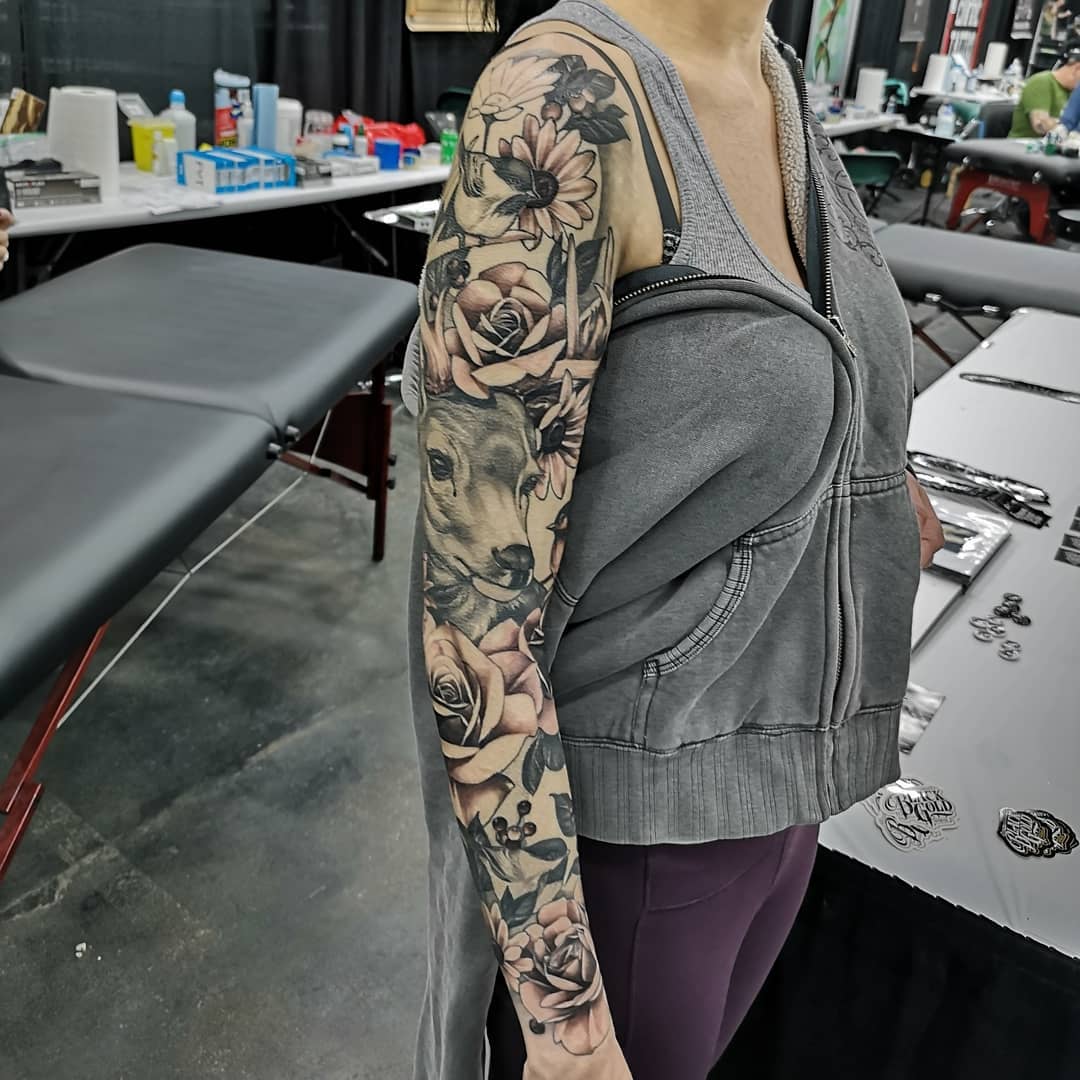 Fawn and Floral Sleeve by Sasha Day at Black Gold Tattoo Co in Edmonton Alberta Canada