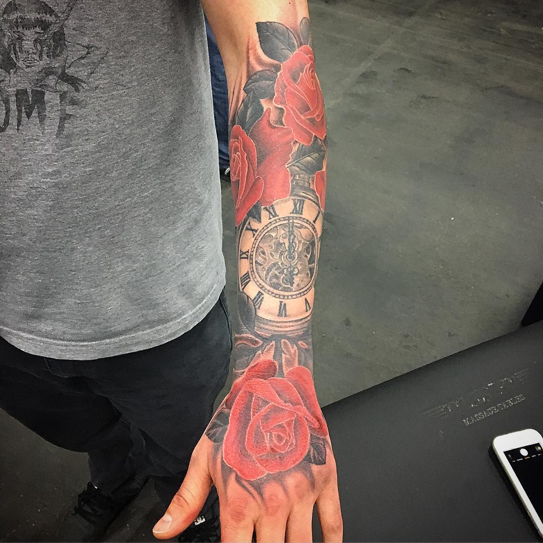 Clock and Roses Tattoo by Dale Moostoos at Crimson Empire Tattoo in Edmonton Alberta Canada
