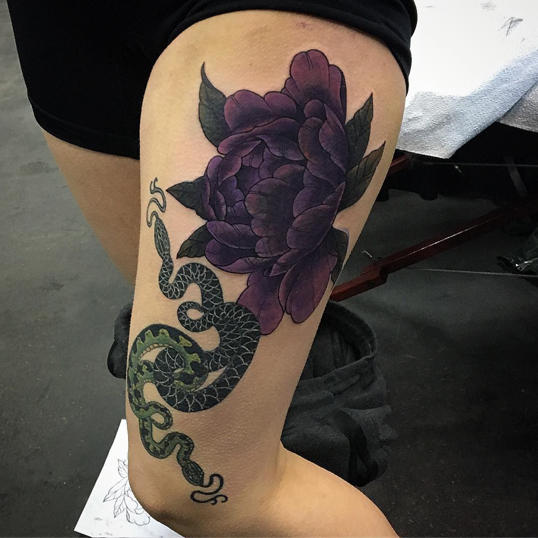 Peony and Snake Tattoo by Dale Moostoos at Crimson Empire Tattoo in Edmonton Alberta Canada
