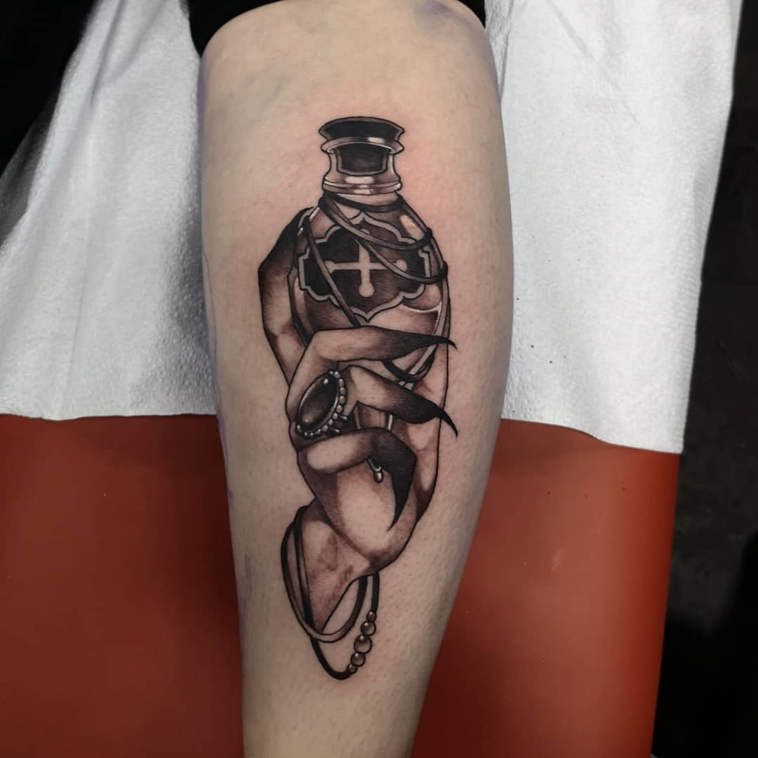 Witch Hand and Vial Tattoo by Sasha Day at Black Gold Tattoo Co in Edmonton Alberta Canada