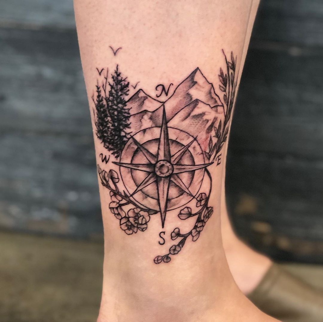 Mountains and Compass Tattoo by Vanessa Spezowka at Crimson Empire Tattoo in Edmonton Alberta Canada