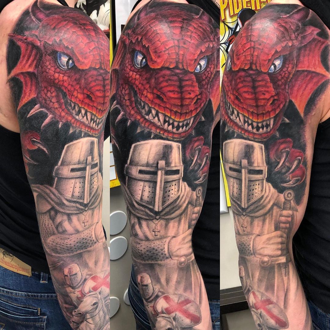 Dragon and Templar Knight Tattoo by Steve Hayes at Black Gold Tattoo Co in Edmonton Alberta Canada