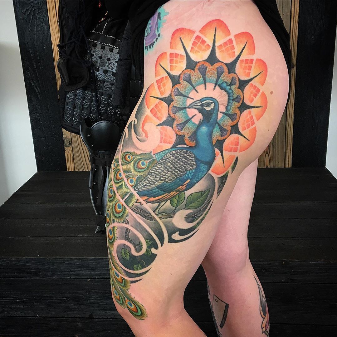 Peacock Tattoo by Dale Moostoos at Crimson Empire Tattoo in Edmonton Alberta Canada