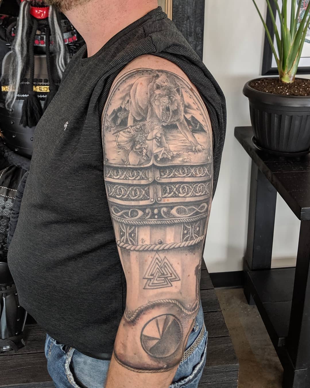 Wolf and Nordic Armor Tattoo by Kevin Sherritt at Black Gold Tattoo Co in Edmonton Alberta Canada