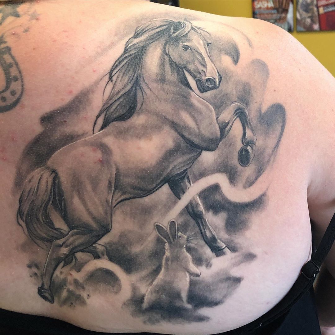 Horse and Rabbit Tattoo by Sarah Michelle at Black Gold Tattoo Co in Edmonton Alberta Canada