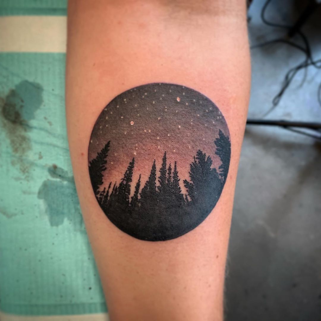 Starry Forest Night Tattoo by Dale Moostoos at Crimson Empire Tattoo in Edmonton Alberta Canada