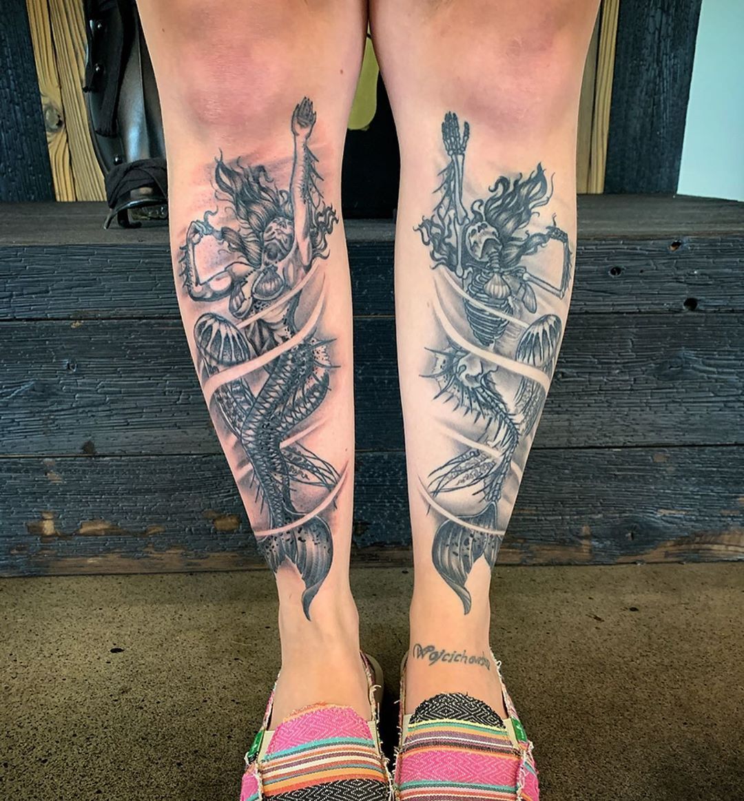 Mermaid and Mermaid Skeleton Tattoo by Dale Moostoos at Crimson Empire Tattoo in Edmonton Alberta Canada