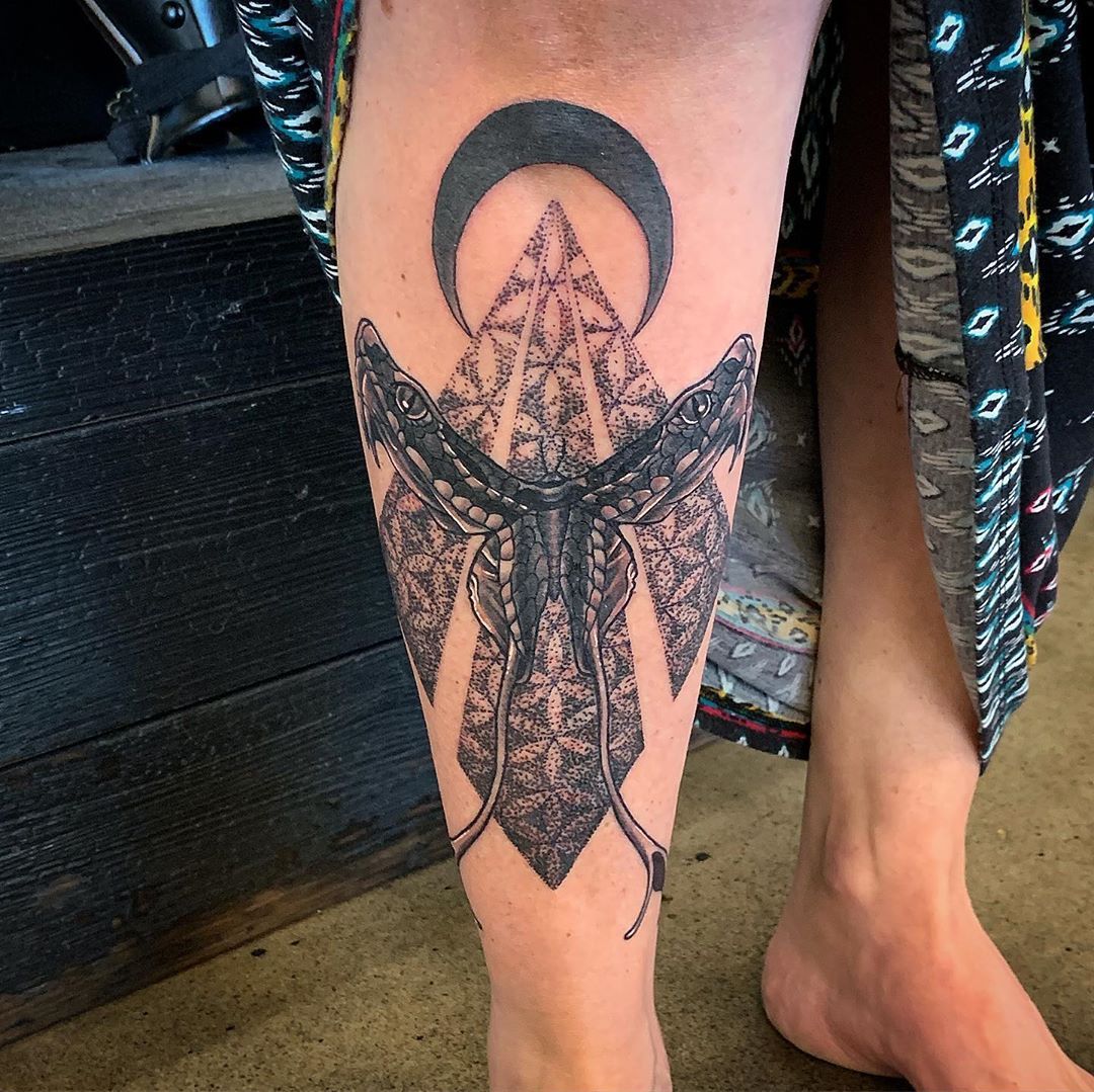 Snake and Geometric Tattoo by Dale Moostoos at Crimson Empire Tattoo in Edmonton Alberta Canada