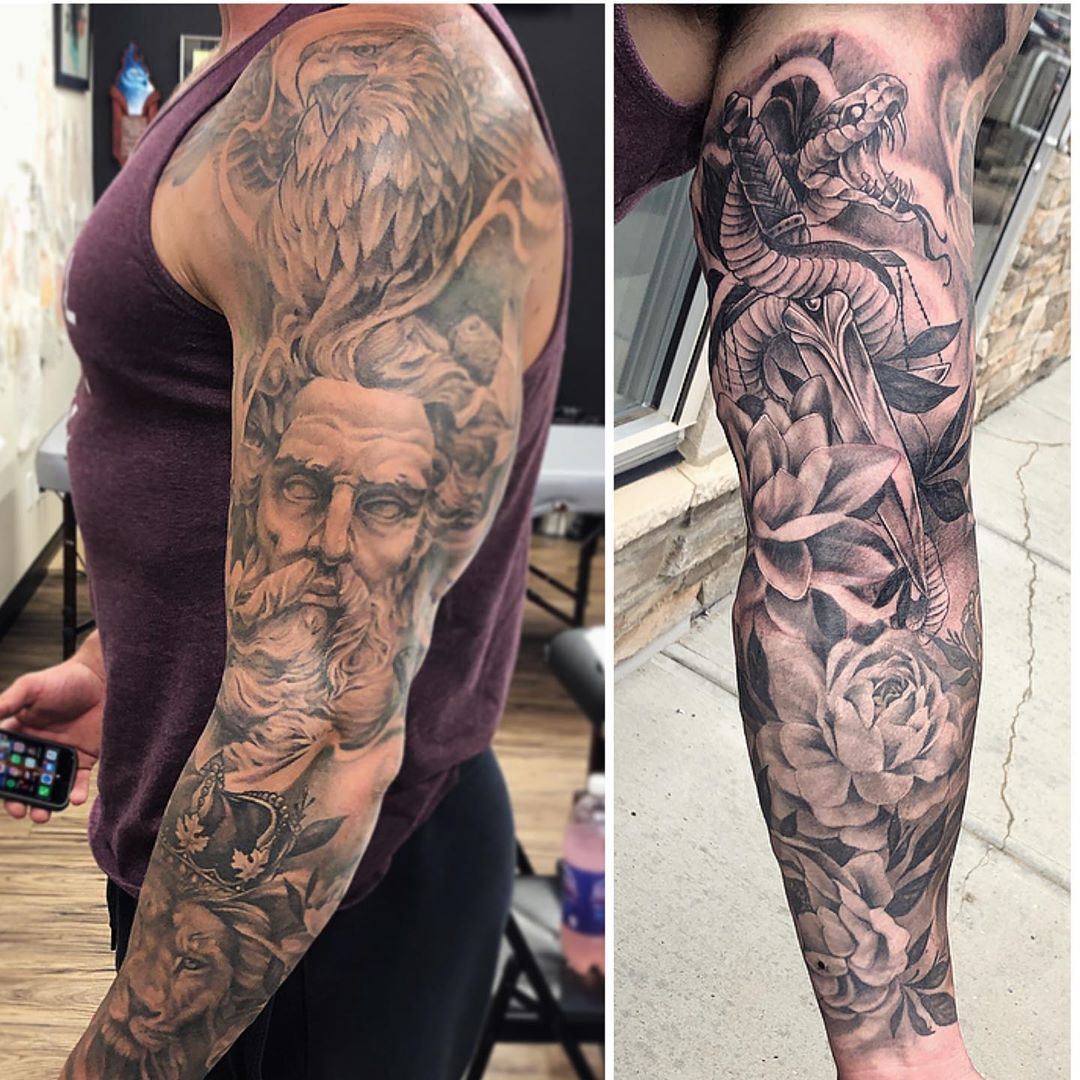 Zeus Lion Eagle Snake and Floral Sleeve by Sarah Michelle at Black Gold Tattoo Co in Edmonton Alberta Canada