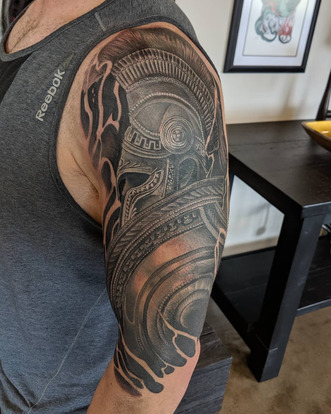 Spartan Warrior Tattoo by Kevin Sherritt at Black Gold Tattoo Co in Edmonton Alberta Canada