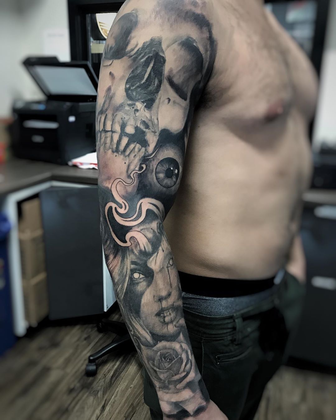 SKull Rose and Girl Portrait Sleeve by Alan Coates at Black Gold Tattoo Co in Edmonton Alberta Canada