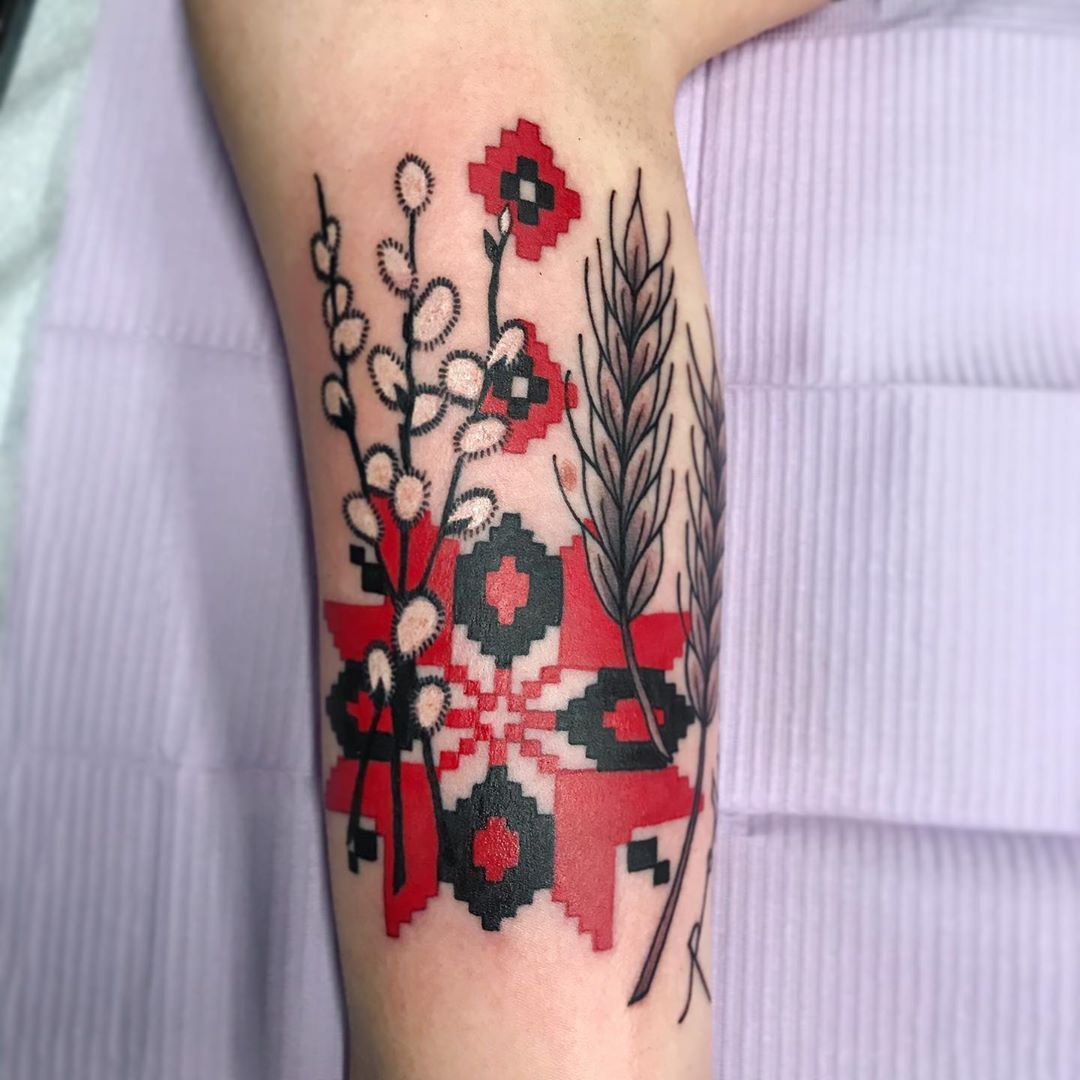 Wheat and Ukrainian Embroidery Tattoo by Jess Alther at Black Gold Tattoo Co in Edmonton Alberta Canada