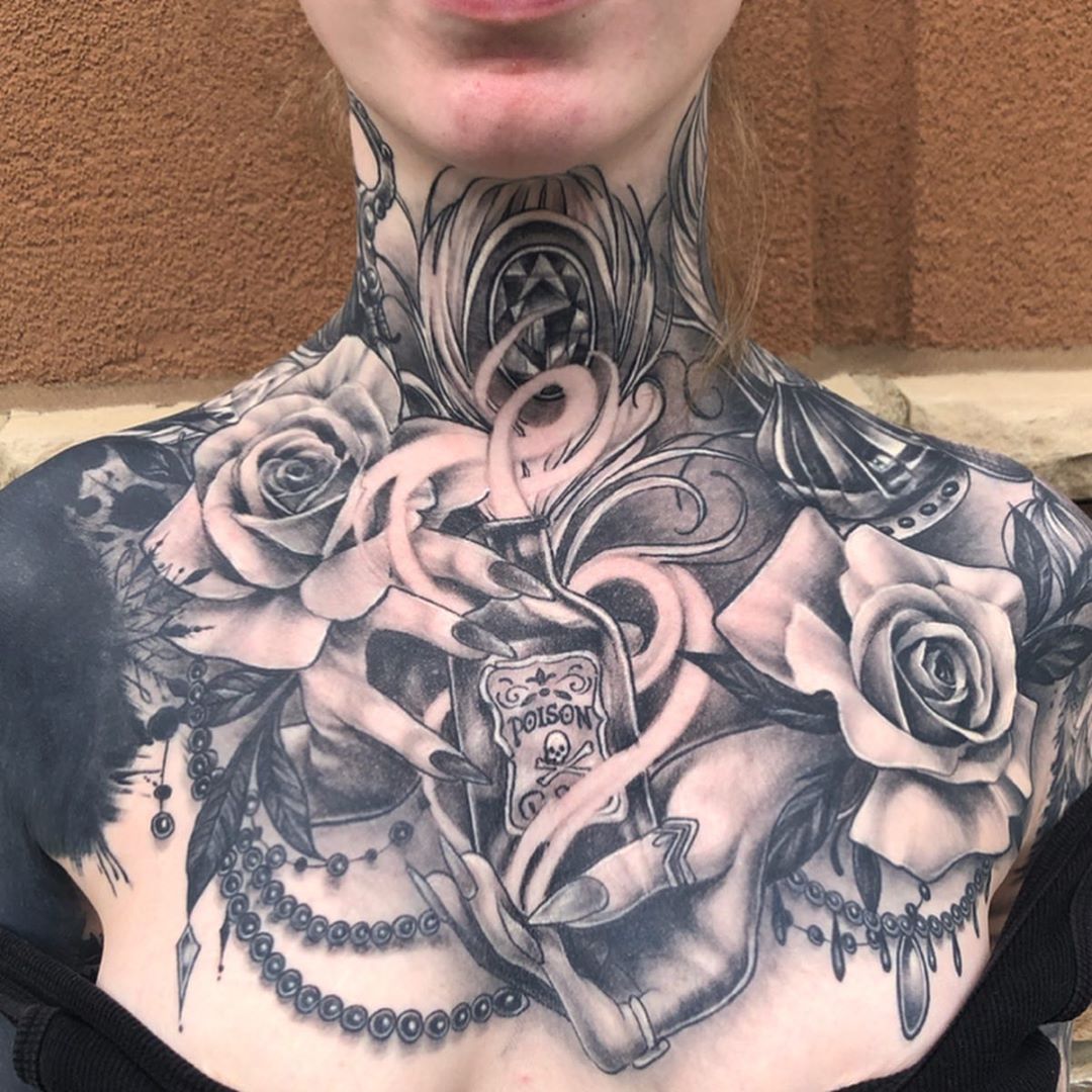 Poison and Roses Chestpiece by Sarah Michelle at Black Gold Tattoo Co in Edmonton Alberta Canada