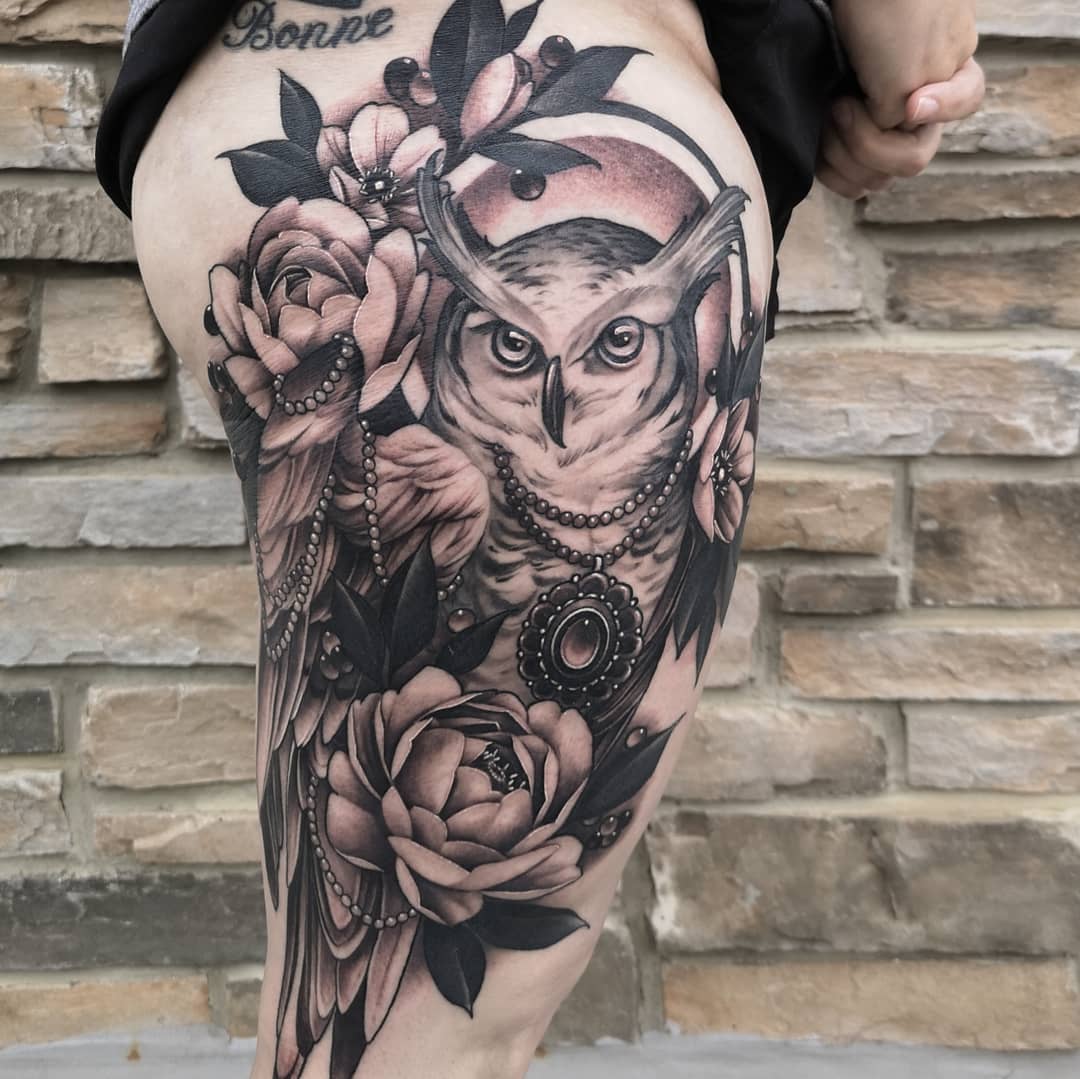 Owl and Peonies Tattoo by Sasha Day at Black Gold Tattoo Co in Edmonton Alberta Canada