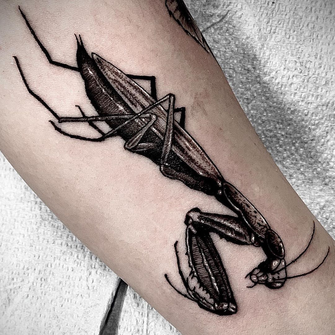 Praying Mantis Tattoo by Romeo Ostiguy at Black Gold Tattoo Co in Edmonton Alberta Canada