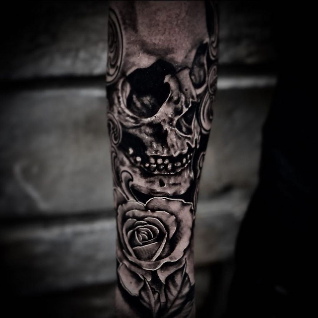 Skull and Rose Tattoo by Romeo Ostiguy at Black Gold Tattoo Co in Edmonton Alberta Canada