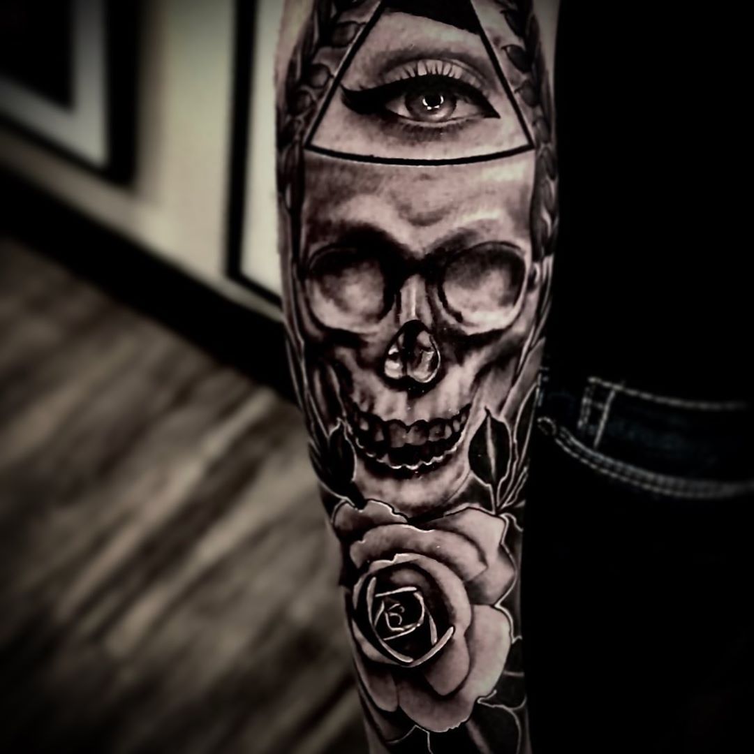 Skull Eye and Rose Tattoo by Romeo Ostiguy at Black Gold Tattoo Co in Edmonton Alberta Canada