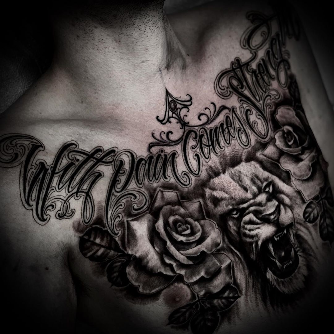 Lion Roses and Script Tattoo by Romeo Ostiguy at Black Gold Tattoo Co in Edmonton Alberta Canada