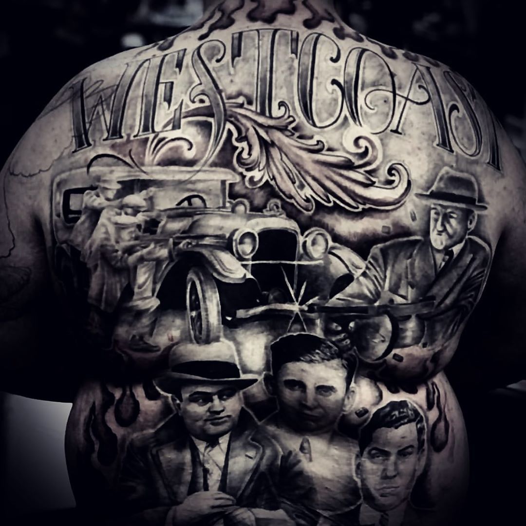 West Coast Mobsters Backpiece by Romeo Ostiguy at Black Gold Tattoo Co in Edmonton Alberta Canada