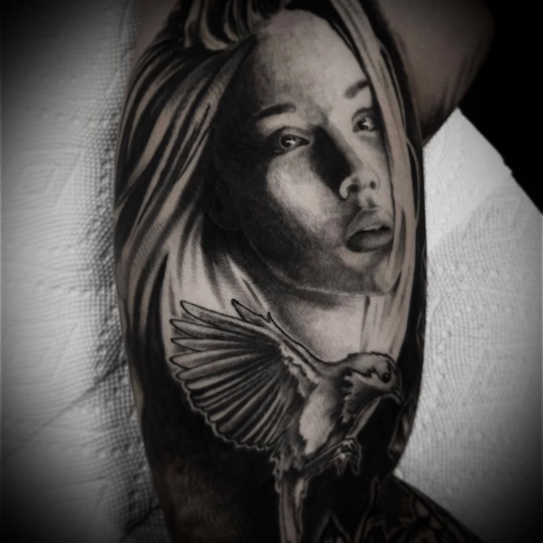 Angel and Dove Tattoo by Romeo Ostiguy at Black Gold Tattoo Co in Edmonton Alberta Canada