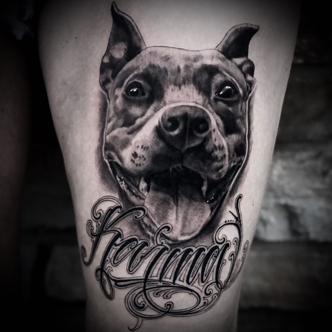 Dog Portrait and Script Tattoo by Romeo Ostiguy at Black Gold Tattoo Co in Edmonton Alberta Canada