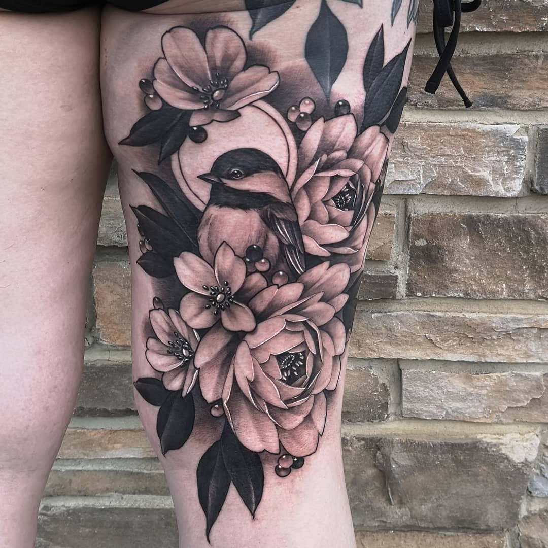 Chickadee and Peonies Tattoo by Sasha Day at Black Gold Tattoo Co in Edmonton Alberta Canada