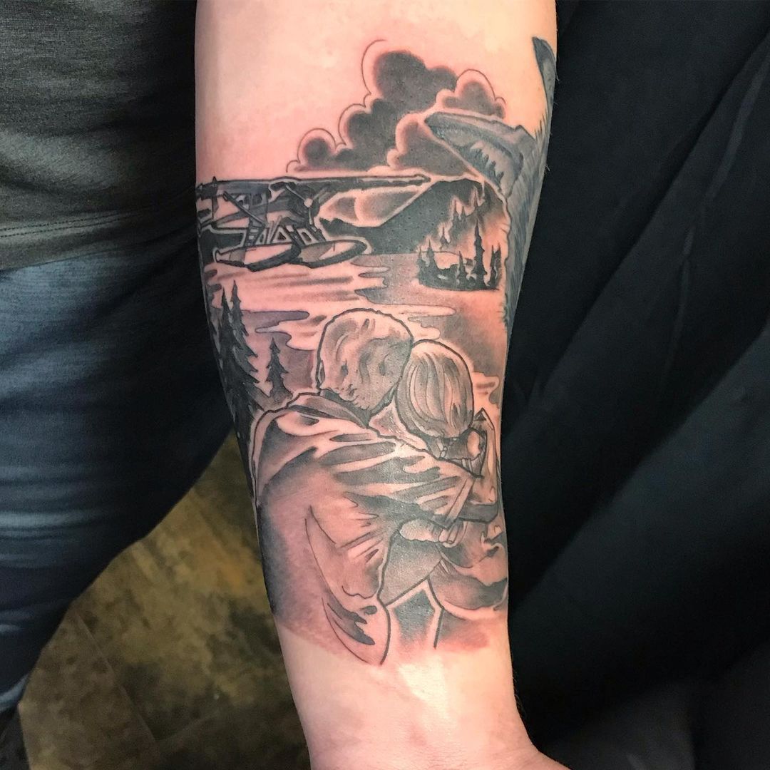 Couple Scenery Tattoo by Trevor Pelletier at Black Gold Tattoo Co in Edmonton Alberta Canada