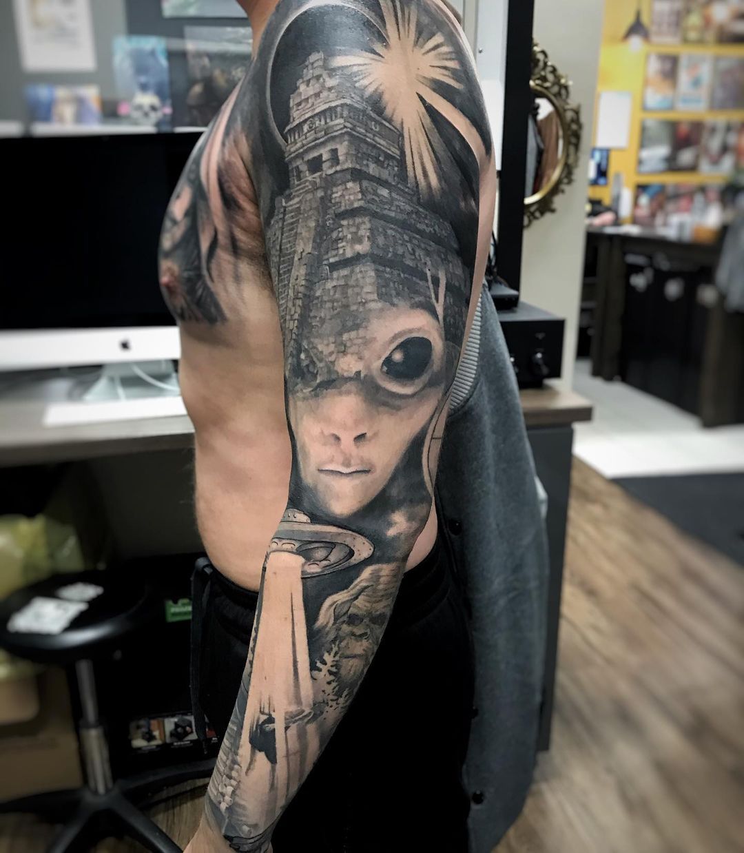 Mayan Pyramid and Alien Abduction Sleeve by Alan Coates at Black Gold Tattoo Co in Edmonton Alberta Canada