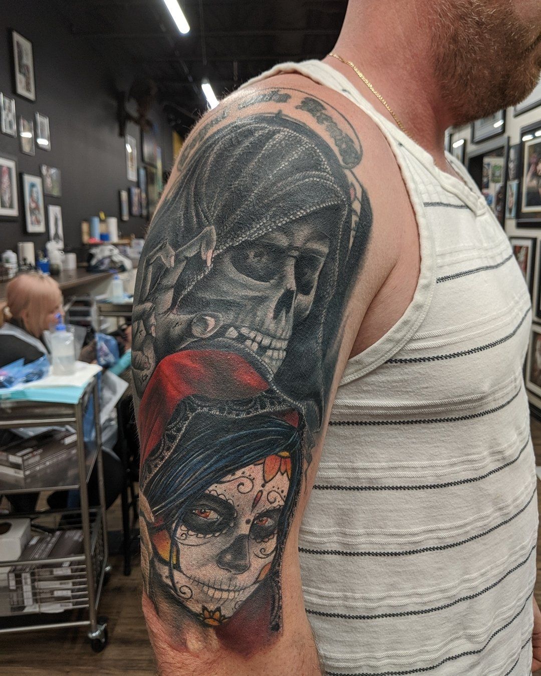 Grim Reaper and Day of the Dead Lady Tattoo by Kevin Sherritt at Black Gold Tattoo Co in Edmonton Alberta Canada