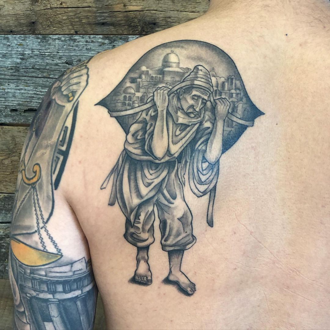 Man Carrying Lebanon Tattoo by Curt Semeniuk at Crimson Empire Tattoo in Edmonton Alberta Canada