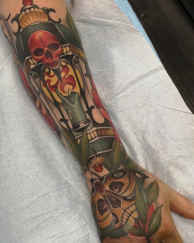 Lantern and Moth Tattoo by Sasha Day at Black Gold Tattoo Co in Edmonton Alberta Canada