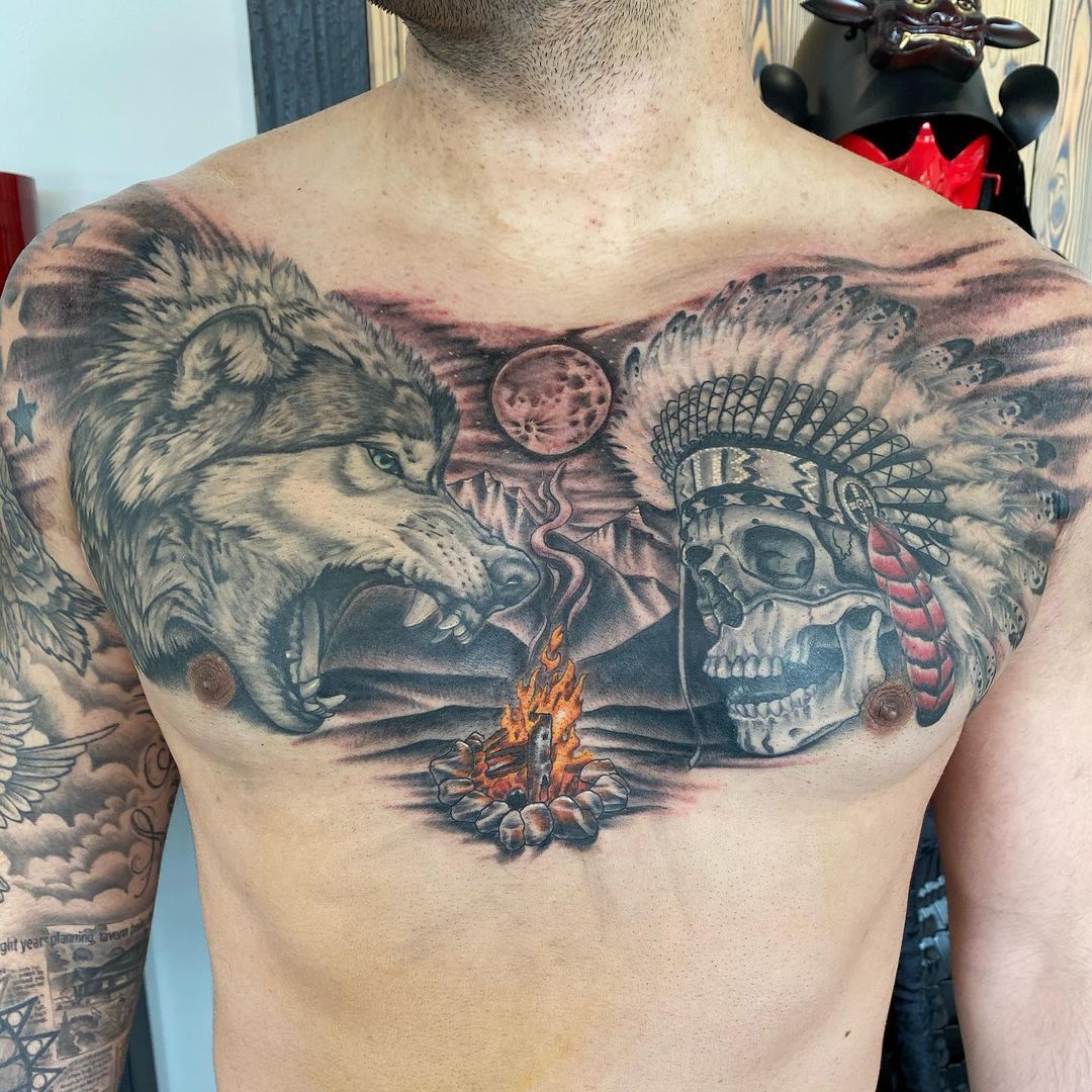 Wolf and Skull Tattoo by Dale Moostoos at Crimson Empire Tattoo in Edmonton Alberta Canada