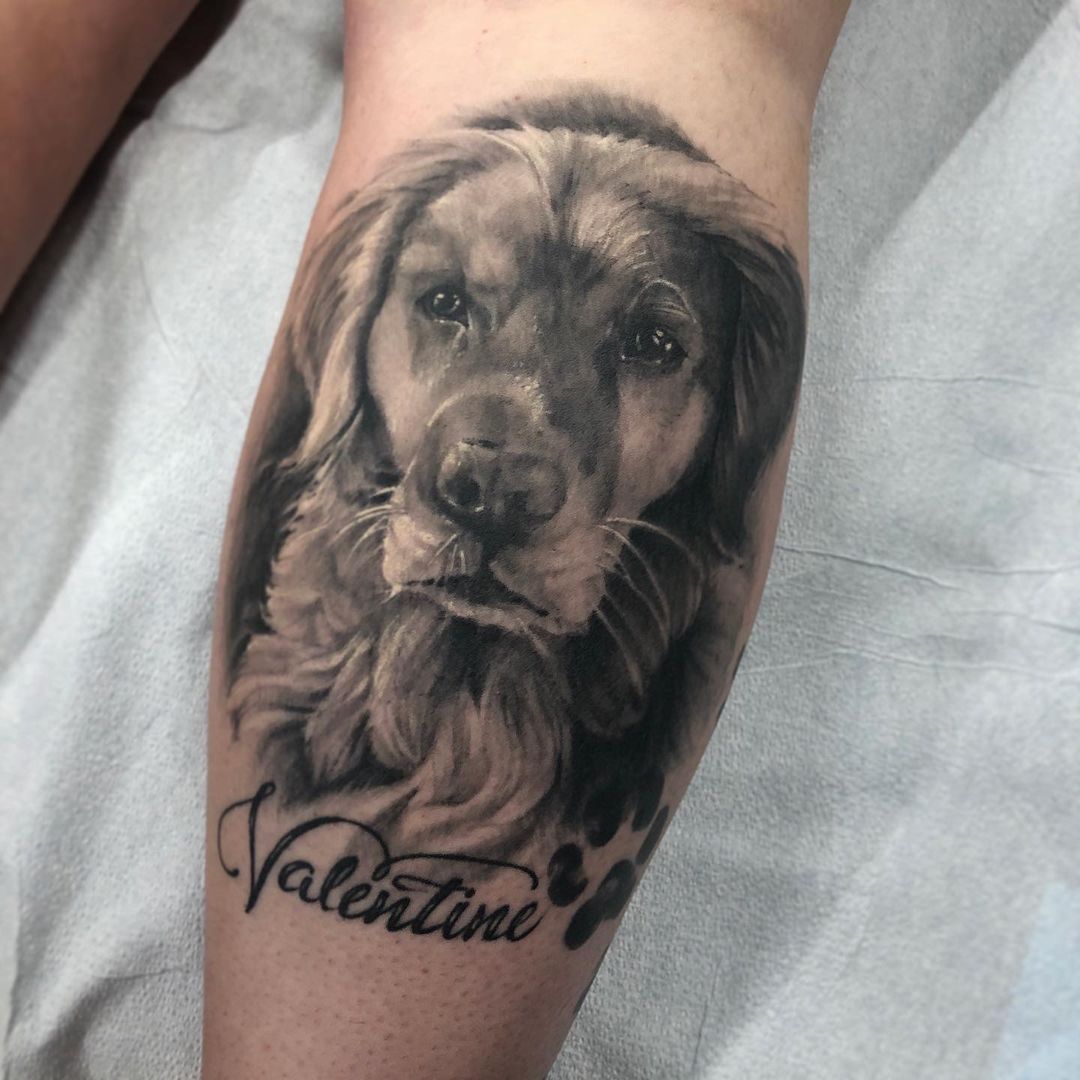 Dog Portrait Tattoo by Sarah Michelle at Black Gold Tattoo Co in Edmonton Alberta Canada
