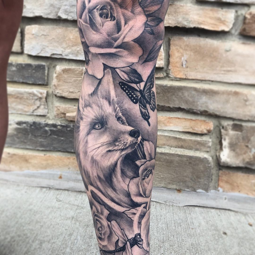 Fox, Butterfly and Floral Tattoo by Sarah Michelle at Black Gold Tattoo Co in Edmonton Alberta Canada