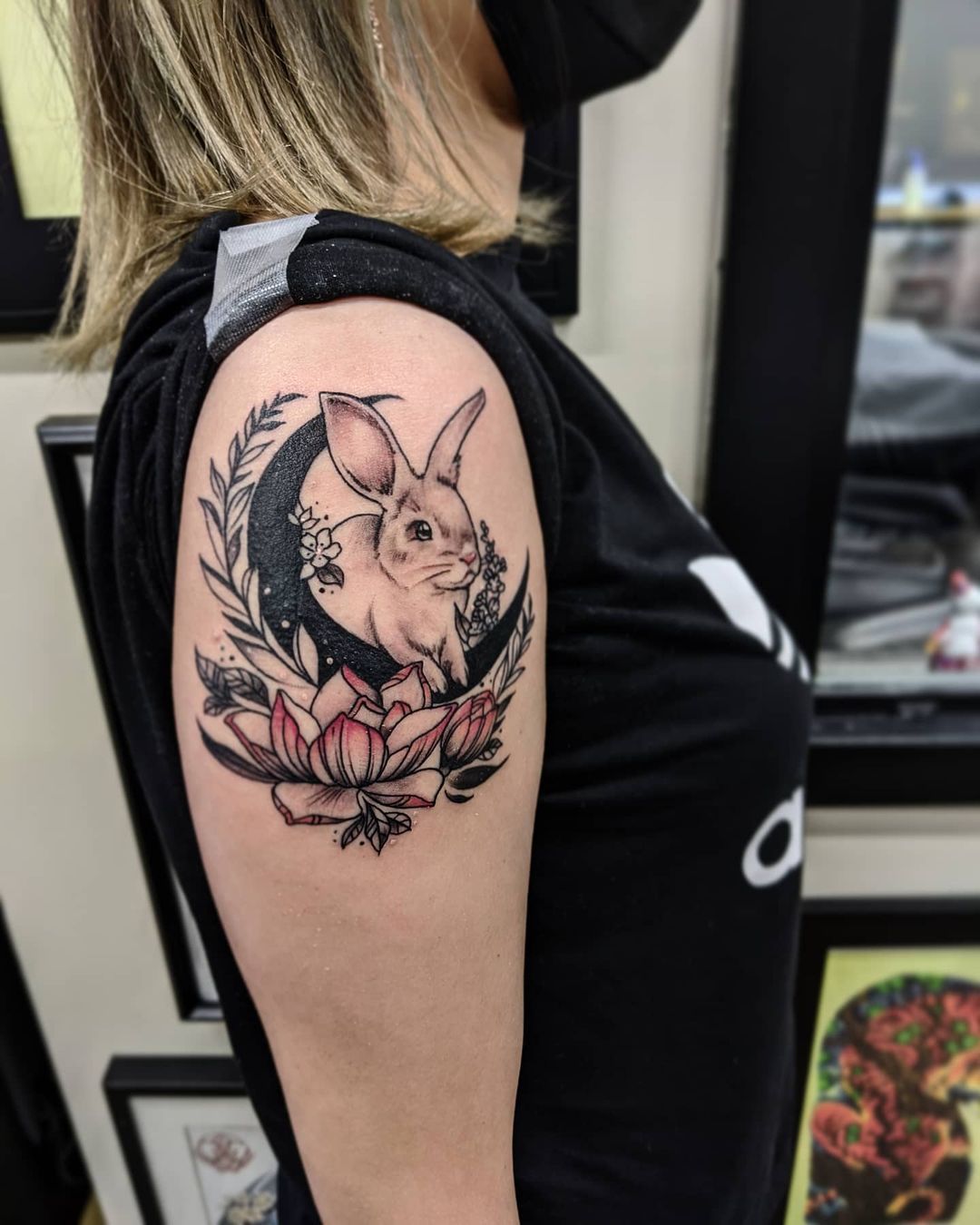 Rabbit and Floral Tattoo by Amber Strange at Black Gold Tattoo Co in Edmonton Alberta Canada