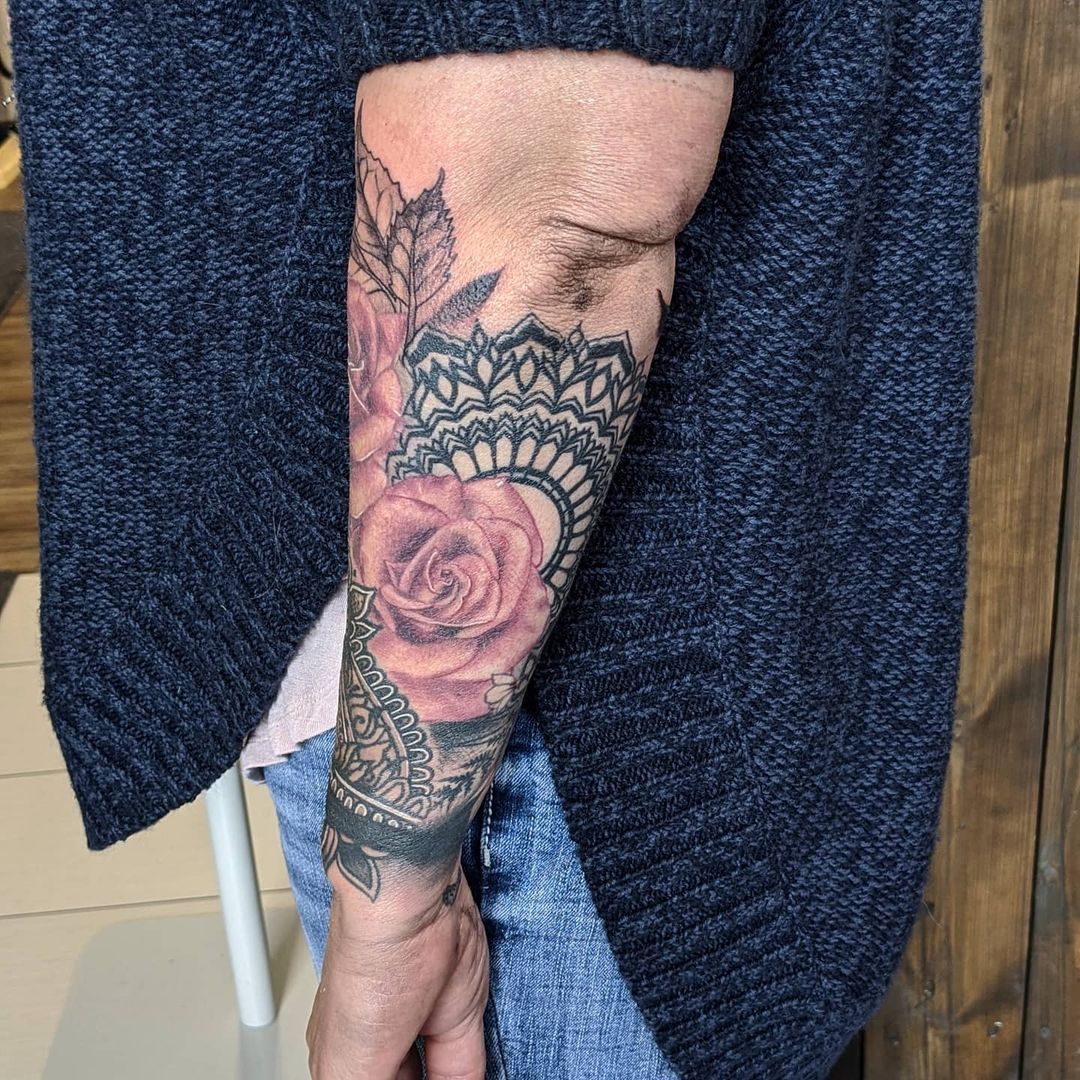Mandala and Floral Tattoo by Amber Strange at Black Gold Tattoo Co in Edmonton Alberta Canada
