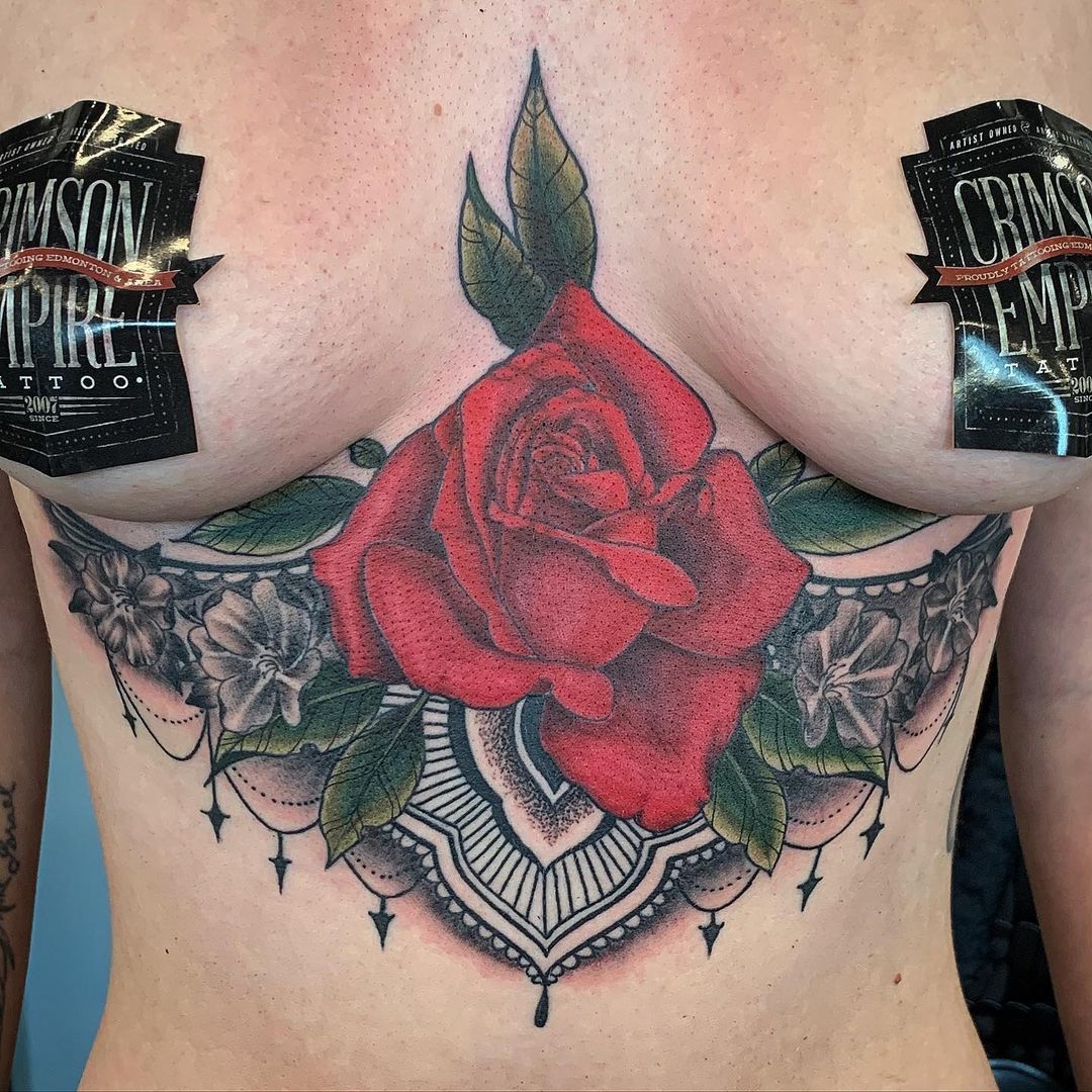 Rose and Geometric Sternum Tattoo by Dale Moostoos at Crimson Empire Tattoo in Edmonton Alberta Canada